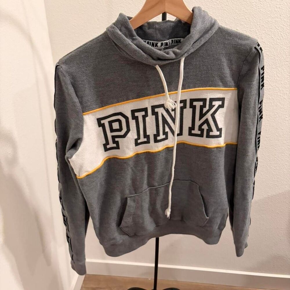 PINK Victoria’s Secret Grey Pullover Hoodie Taped Logo Sleeves Size S